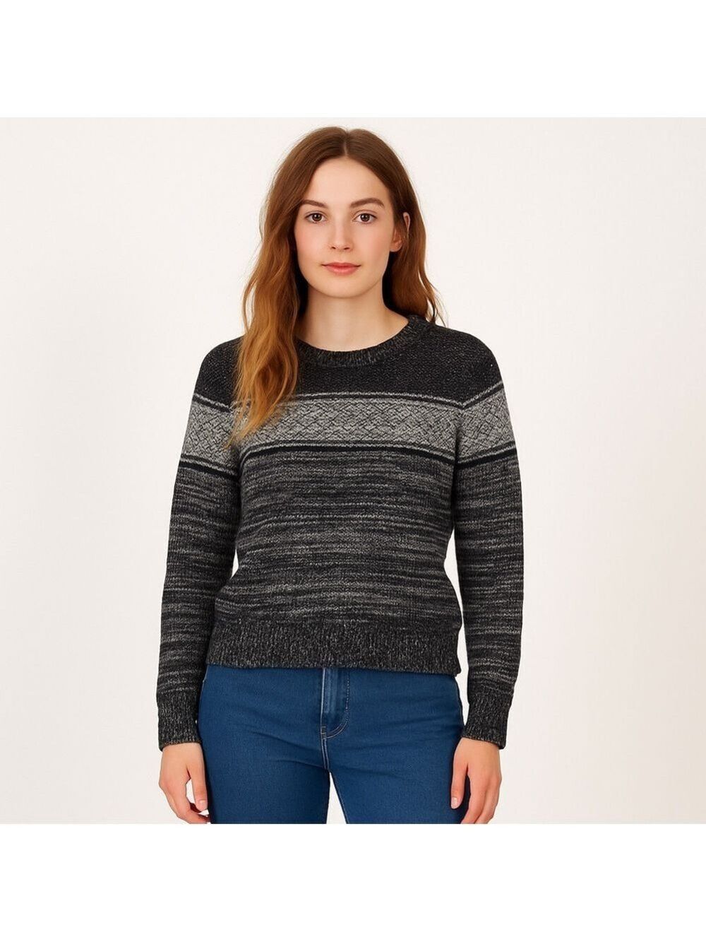 2/40$ GAP knit sweater fair isle warm grey black fall winter wool small petite